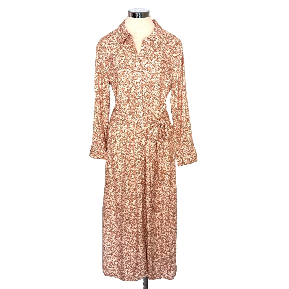 LUCKY BRAND L Brown Floral Front Button Down Long Sleeve Casual Midi Shirt Dress